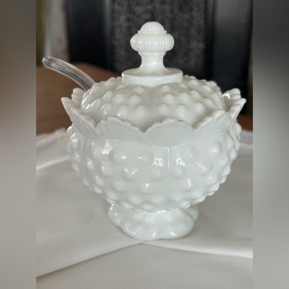 Fenton Vintage White Hobnail Lidded Sugar/Salsa/Jam Bowl with Clear Glass Spoon